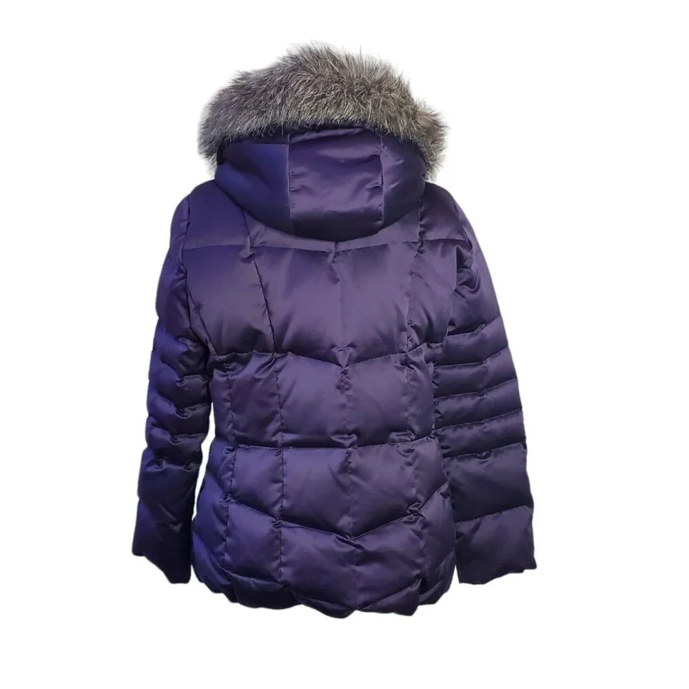 Calvin Klein Womens Down Puffer Coat L Purple Gray Faux Fur Trim Removable Hood - Picture 3 of 16